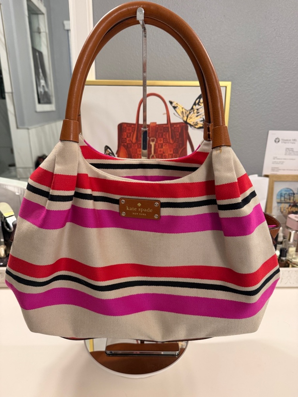 kate spade Pink, Red & Tan Striped Canvas Tote